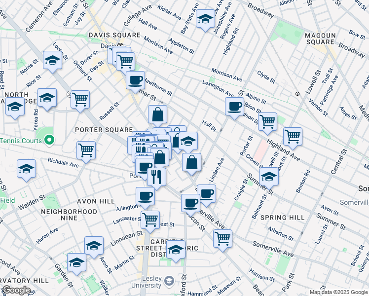 map of restaurants, bars, coffee shops, grocery stores, and more near 14 Cherry Street in Somerville