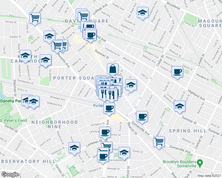 map of restaurants, bars, coffee shops, grocery stores, and more near 19 Davenport Street in Cambridge