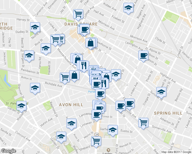 map of restaurants, bars, coffee shops, grocery stores, and more near 19 Davenport Street in Cambridge