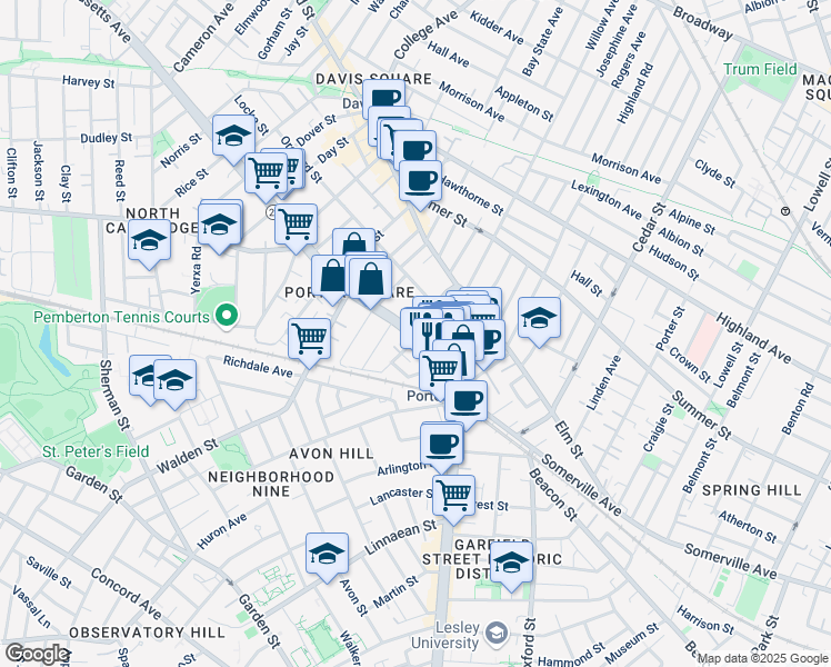 map of restaurants, bars, coffee shops, grocery stores, and more near 1972 Massachusetts Avenue in Cambridge
