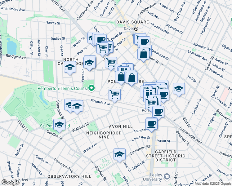 map of restaurants, bars, coffee shops, grocery stores, and more near 38 Walden Street in Cambridge