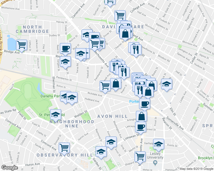 map of restaurants, bars, coffee shops, grocery stores, and more near 38 Walden Street in Cambridge