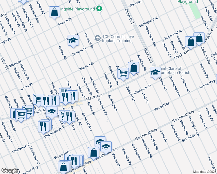 map of restaurants, bars, coffee shops, grocery stores, and more near 3426 Buckingham in Detroit