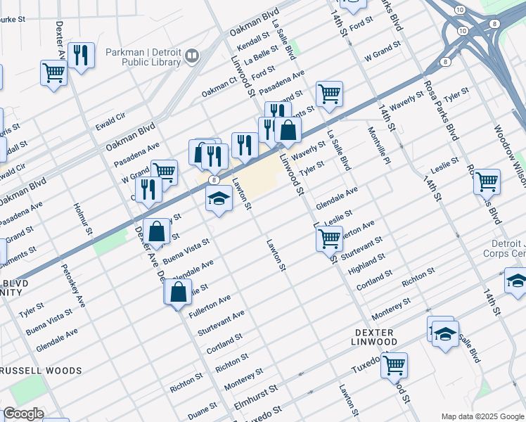 map of restaurants, bars, coffee shops, grocery stores, and more near 2721 Buena Vista Street in Detroit