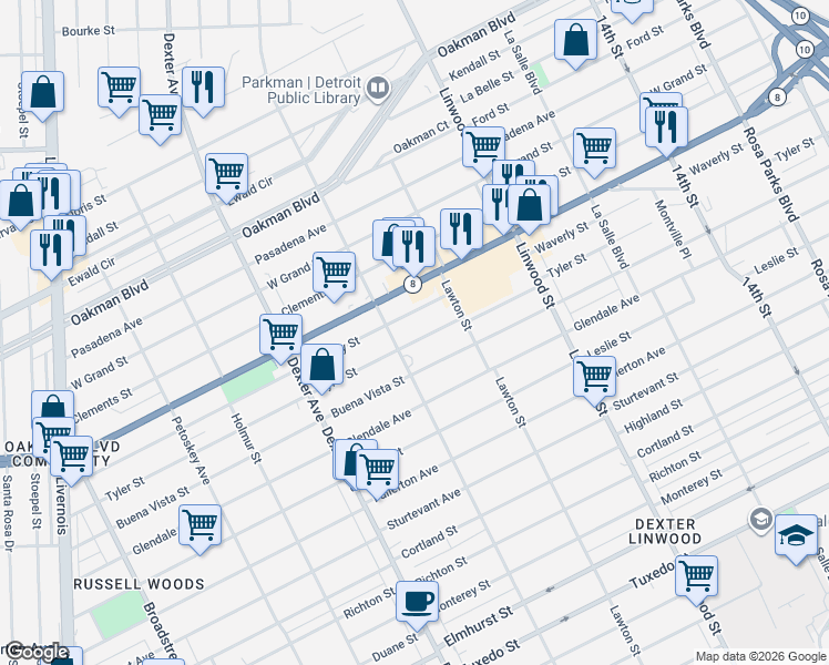 map of restaurants, bars, coffee shops, grocery stores, and more near 2982 Tyler Street in Detroit