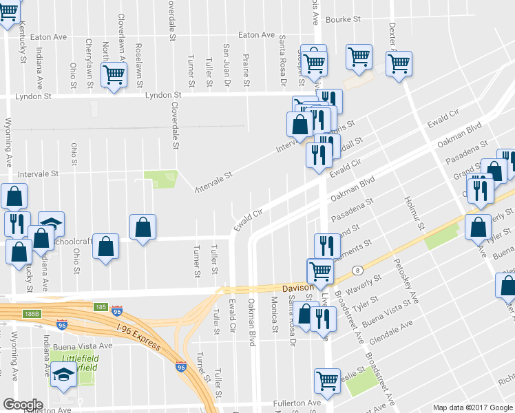 map of restaurants, bars, coffee shops, grocery stores, and more near 2723 Ewald Circle in Detroit