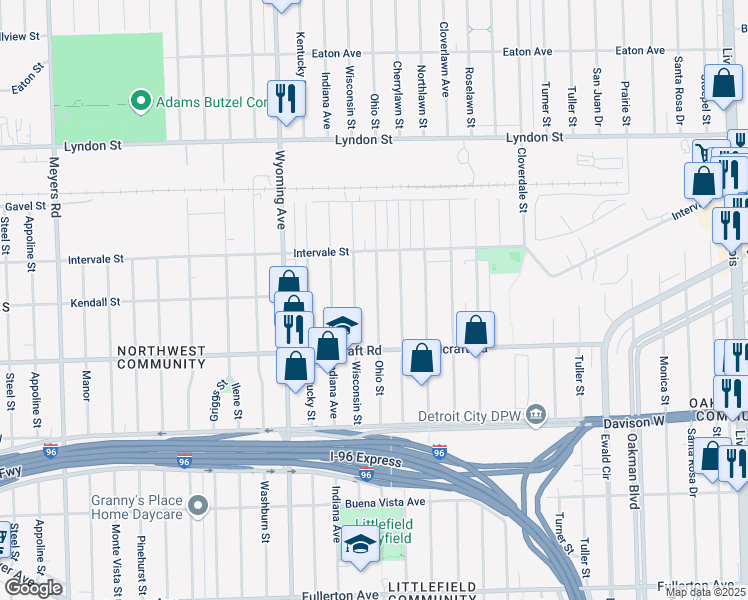 map of restaurants, bars, coffee shops, grocery stores, and more near 14005 Ohio Street in Detroit