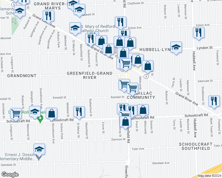 map of restaurants, bars, coffee shops, grocery stores, and more near 14145 Montrose Street in Detroit