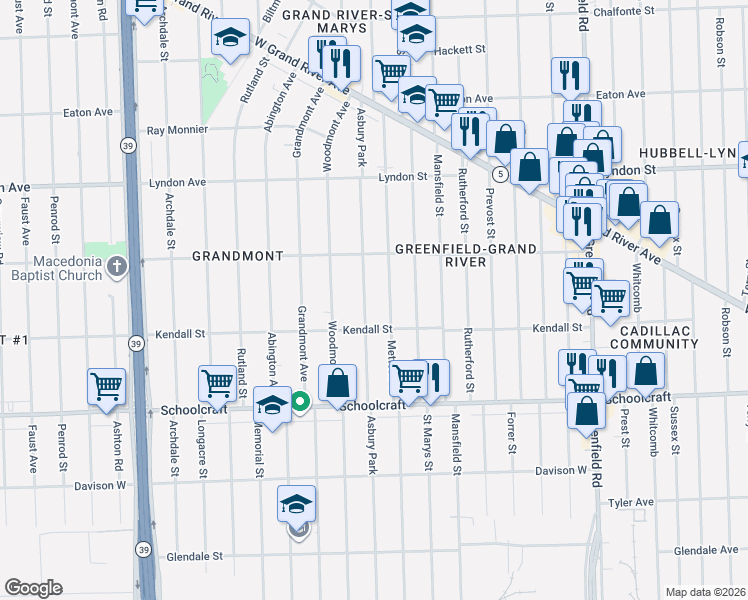 map of restaurants, bars, coffee shops, grocery stores, and more near 14144 Asbury Park in Detroit
