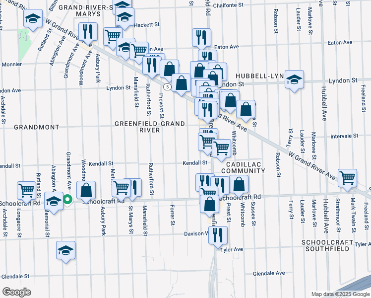 map of restaurants, bars, coffee shops, grocery stores, and more near 14145 Montrose Street in Detroit
