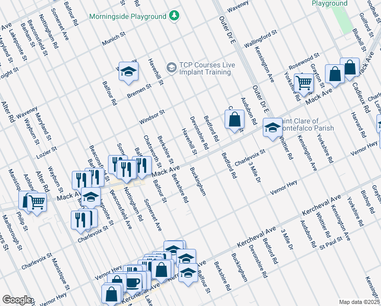 map of restaurants, bars, coffee shops, grocery stores, and more near 3426 Buckingham in Detroit