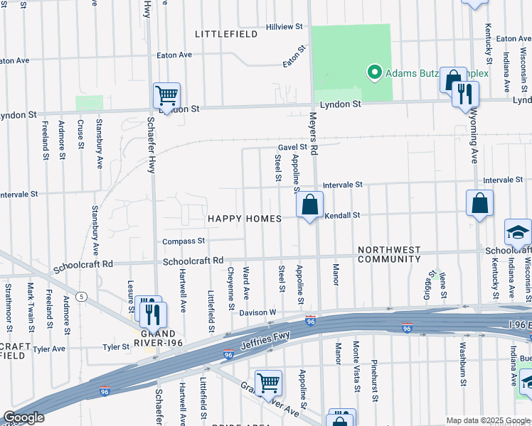 map of restaurants, bars, coffee shops, grocery stores, and more near 14100 Sorrento Avenue in Detroit