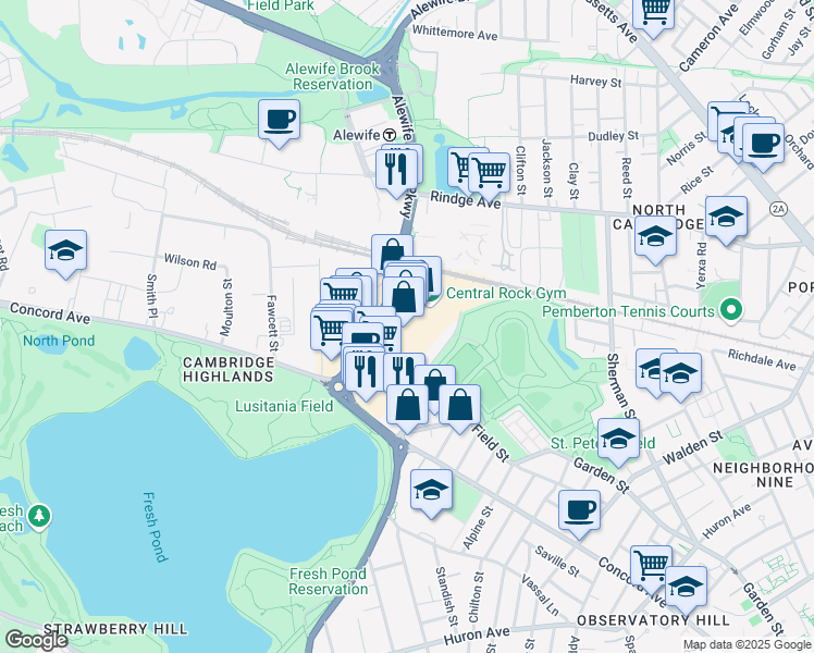 map of restaurants, bars, coffee shops, grocery stores, and more near 186 Alewife Brook Parkway in Cambridge