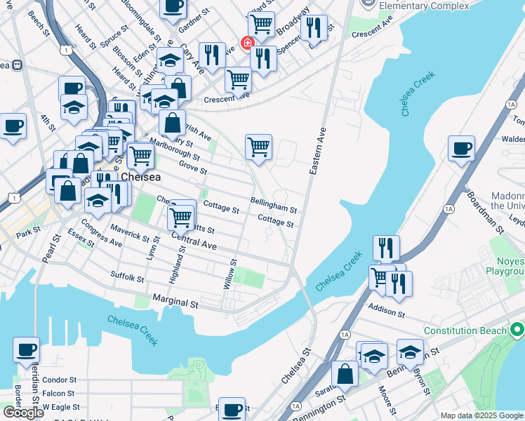 map of restaurants, bars, coffee shops, grocery stores, and more near 170 Cottage Street in Chelsea