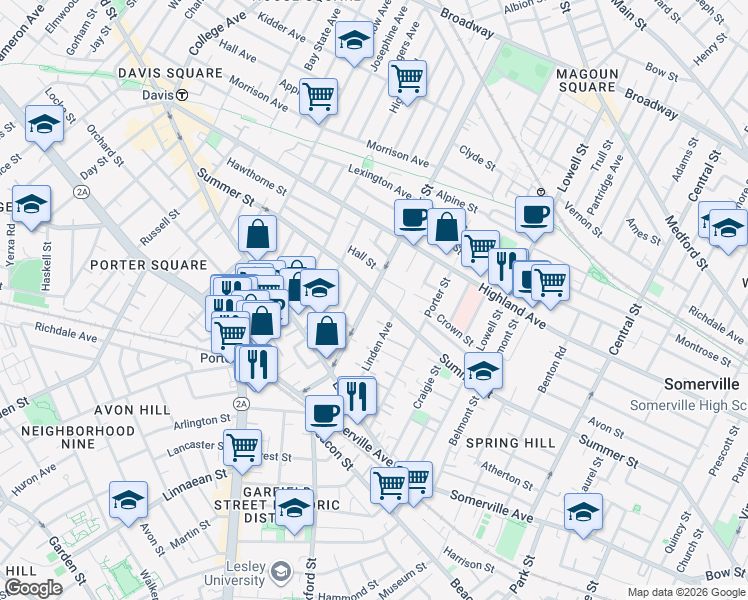 map of restaurants, bars, coffee shops, grocery stores, and more near 53 Cedar Street in Somerville