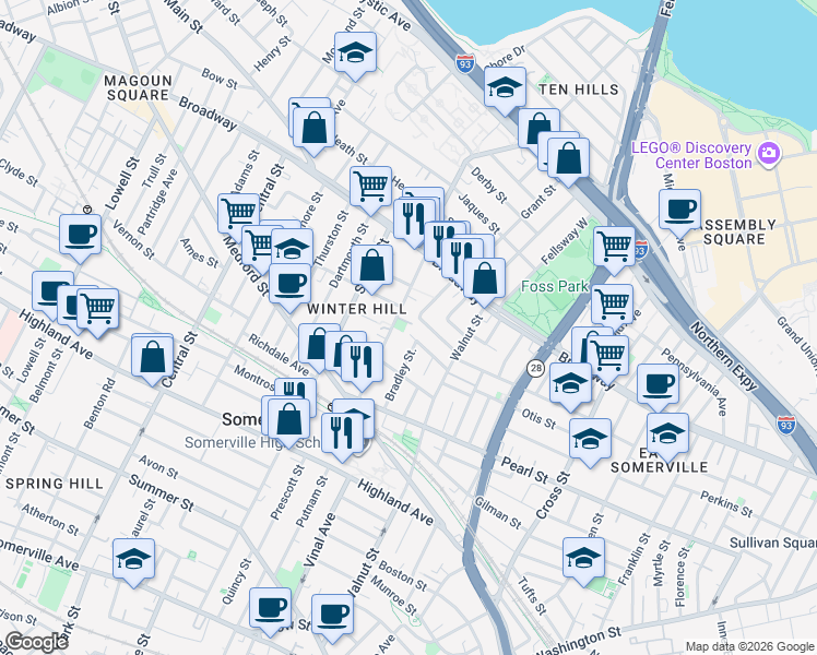 map of restaurants, bars, coffee shops, grocery stores, and more near 60B Marshall Street in Somerville