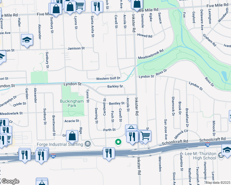 map of restaurants, bars, coffee shops, grocery stores, and more near 27628 Lyndon in Livonia