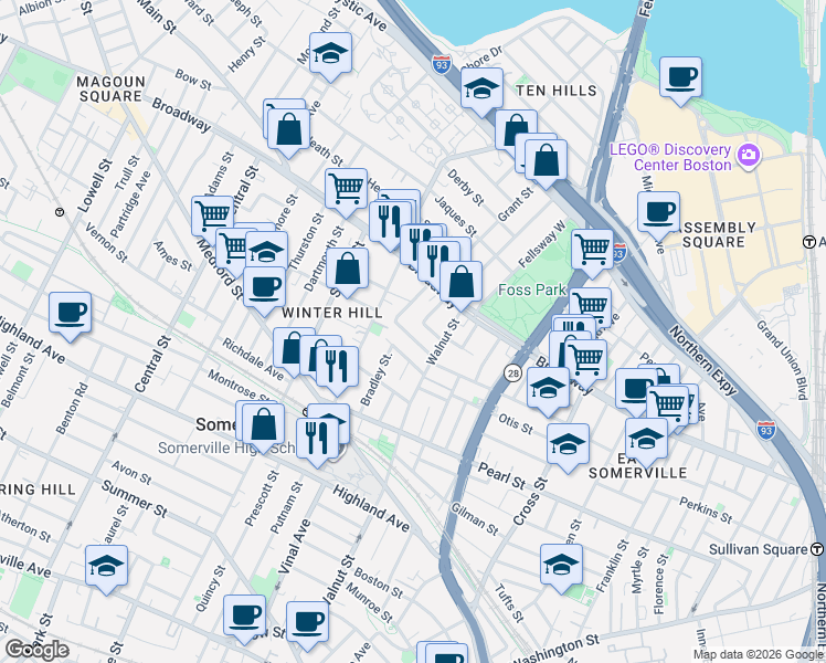 map of restaurants, bars, coffee shops, grocery stores, and more near 42 Sargent Avenue in Somerville