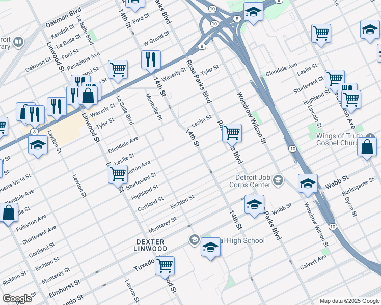 map of restaurants, bars, coffee shops, grocery stores, and more near 2240 Sturtevant Street in Detroit