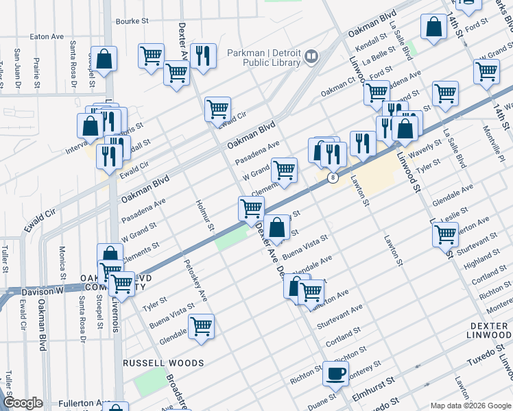 map of restaurants, bars, coffee shops, grocery stores, and more near 13500 Dexter Avenue in Detroit