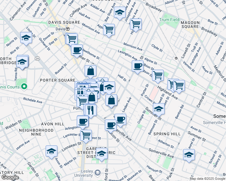 map of restaurants, bars, coffee shops, grocery stores, and more near 21 Ashland Street in Somerville