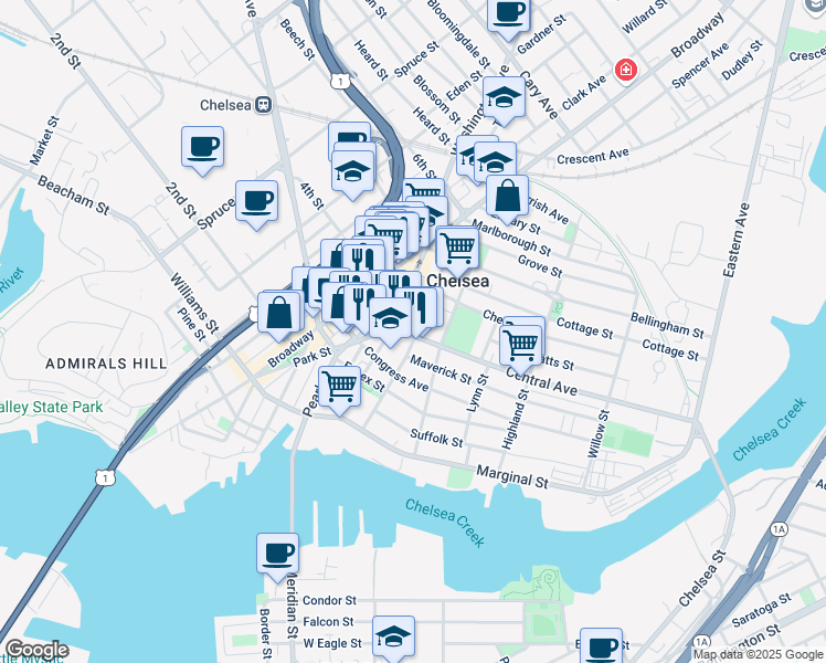 map of restaurants, bars, coffee shops, grocery stores, and more near 32 Central Avenue in Chelsea