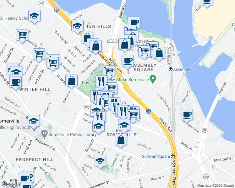 map of restaurants, bars, coffee shops, grocery stores, and more near 38 Cross Street East in Somerville