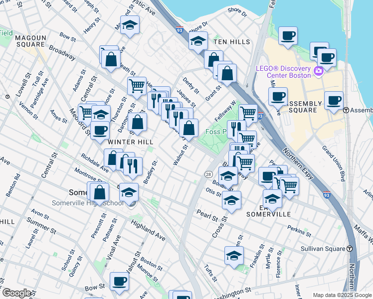 map of restaurants, bars, coffee shops, grocery stores, and more near 6 Wellington Avenue in Somerville