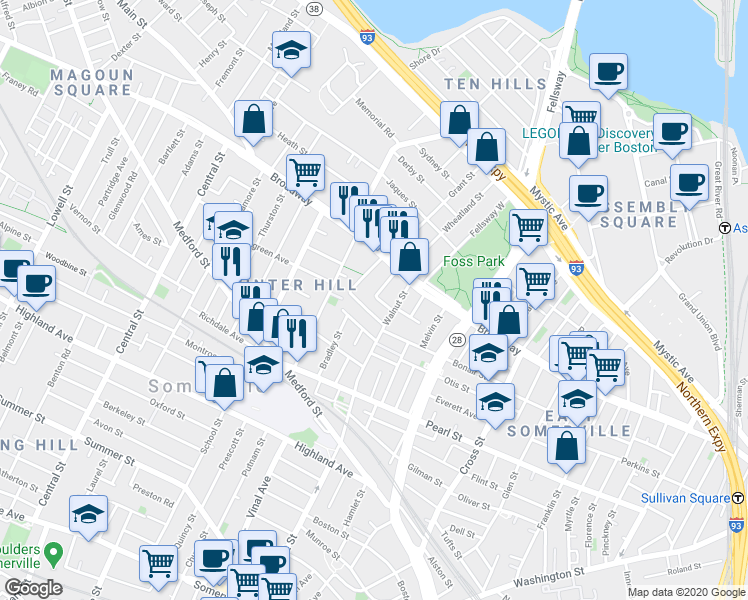 map of restaurants, bars, coffee shops, grocery stores, and more near 47 Sargent Avenue in Somerville