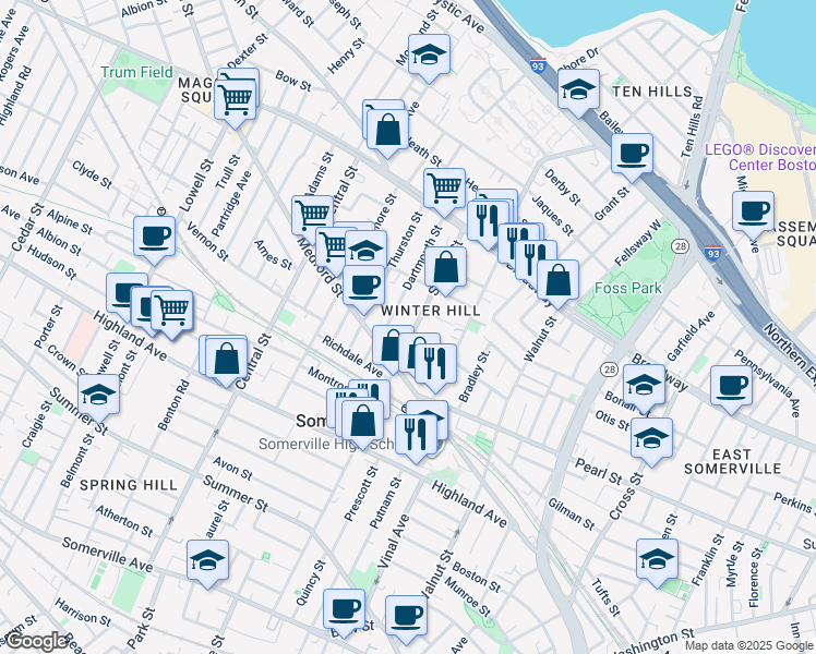 map of restaurants, bars, coffee shops, grocery stores, and more near 192 School Street in Somerville