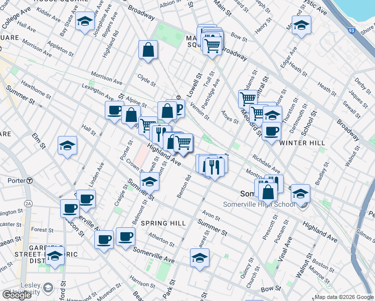 map of restaurants, bars, coffee shops, grocery stores, and more near 191 Highland Avenue in Somerville