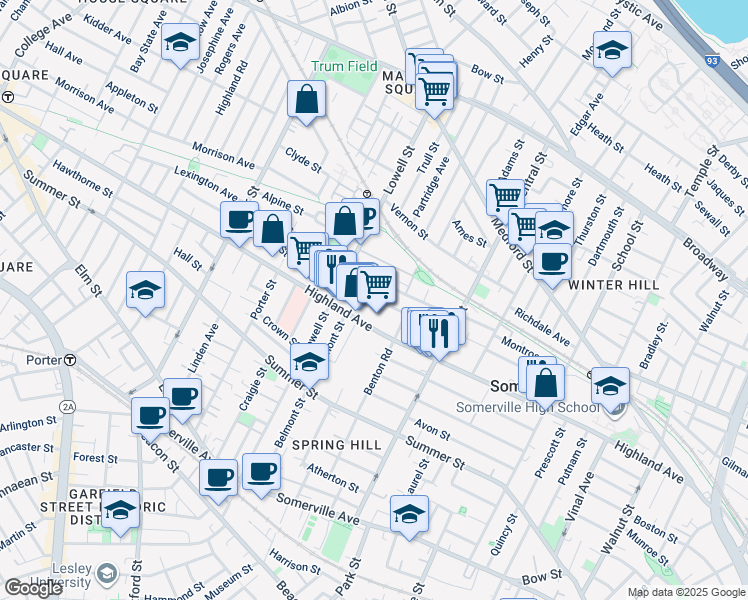 map of restaurants, bars, coffee shops, grocery stores, and more near 191 Highland Avenue in Somerville