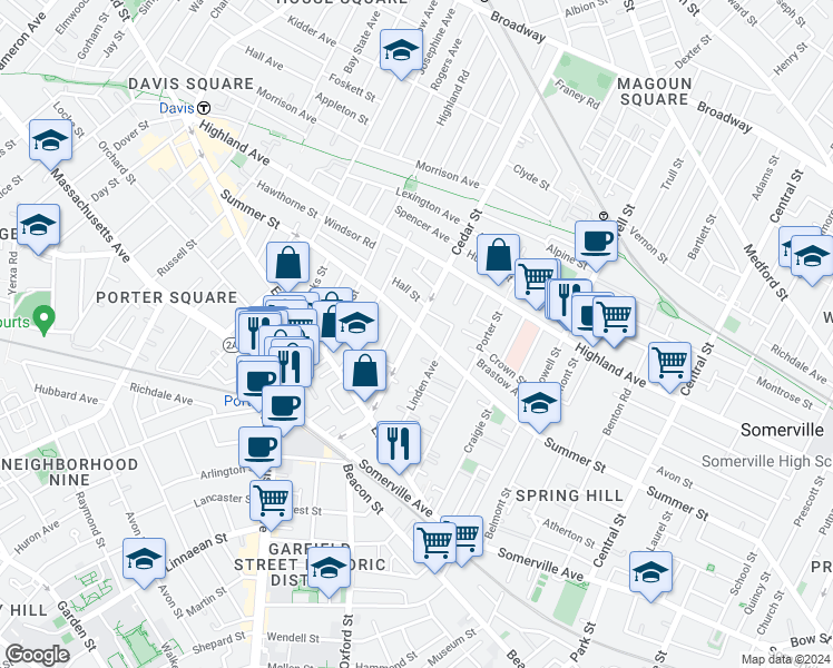map of restaurants, bars, coffee shops, grocery stores, and more near 53 Cedar Street in Somerville