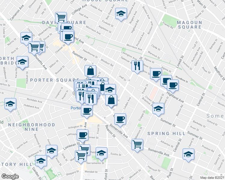 map of restaurants, bars, coffee shops, grocery stores, and more near 21 Ashland Street in Somerville
