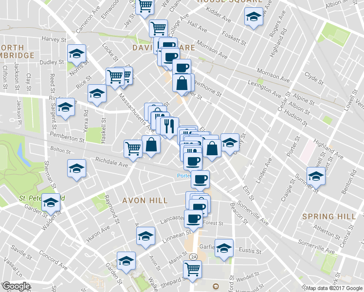map of restaurants, bars, coffee shops, grocery stores, and more near 1972 Massachusetts Avenue in Cambridge