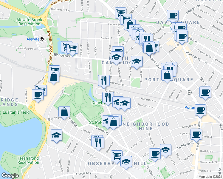 map of restaurants, bars, coffee shops, grocery stores, and more near 78 Bolton Street in Cambridge