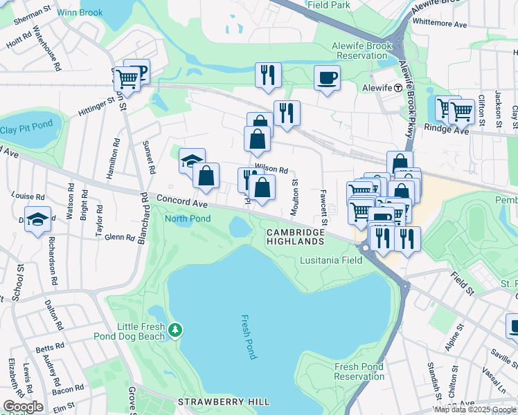map of restaurants, bars, coffee shops, grocery stores, and more near 665 Concord Avenue in Cambridge