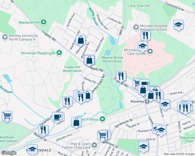 map of restaurants, bars, coffee shops, grocery stores, and more near 9 Shirley Road in Waltham