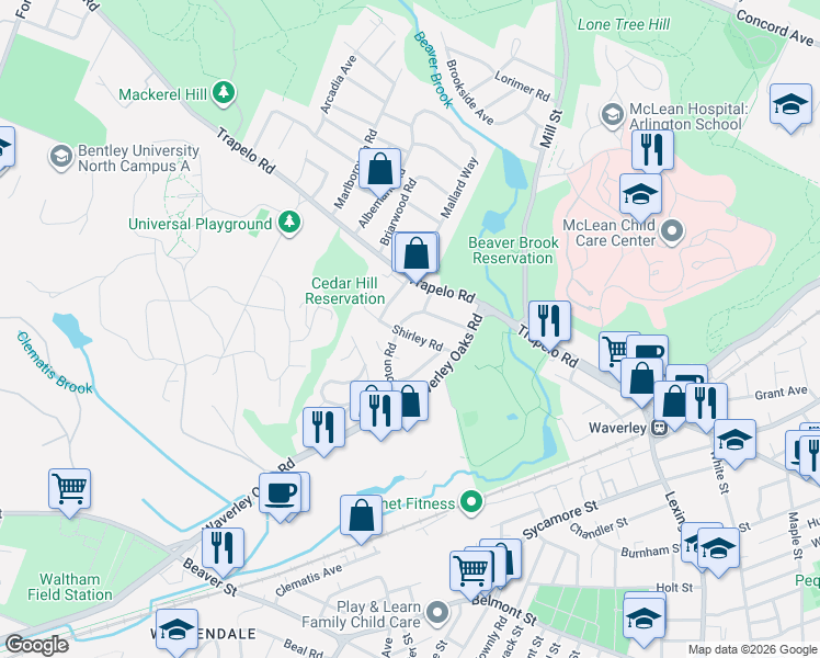 map of restaurants, bars, coffee shops, grocery stores, and more near 38 Shirley Road in Waltham