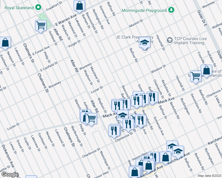 map of restaurants, bars, coffee shops, grocery stores, and more near 3656 Lakepointe Street in Detroit