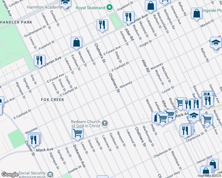 map of restaurants, bars, coffee shops, grocery stores, and more near 4234 Lakewood Street in Detroit