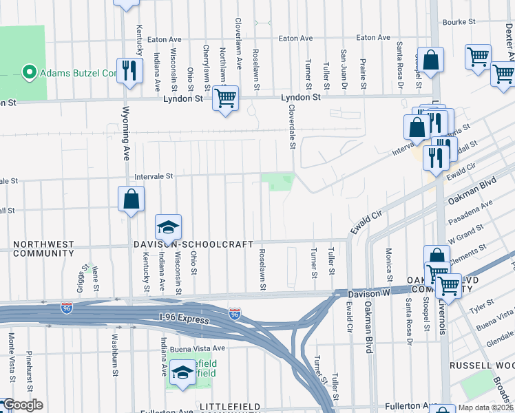 map of restaurants, bars, coffee shops, grocery stores, and more near 13991 Roselawn Street in Detroit