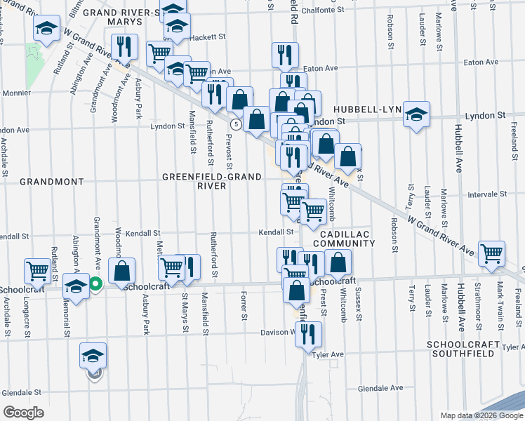 map of restaurants, bars, coffee shops, grocery stores, and more near 14145 Montrose Street in Detroit