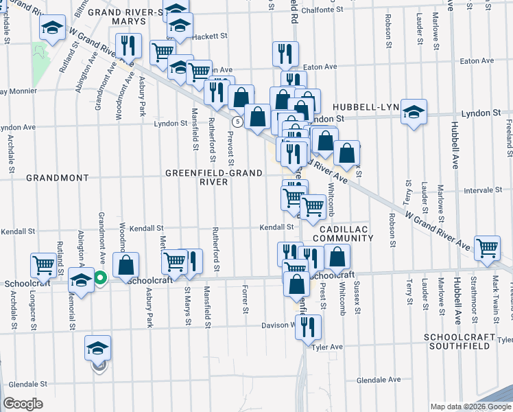 map of restaurants, bars, coffee shops, grocery stores, and more near 14145 Montrose Street in Detroit