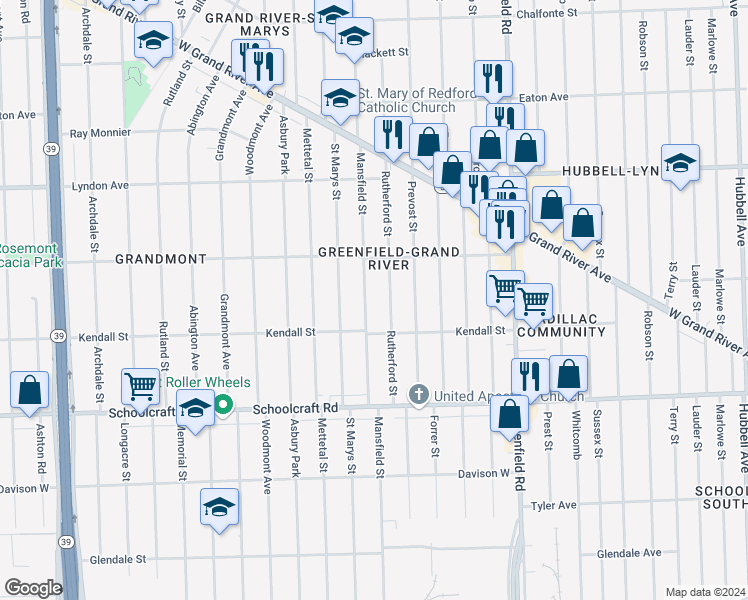 map of restaurants, bars, coffee shops, grocery stores, and more near 14145 Mansfield Street in Detroit