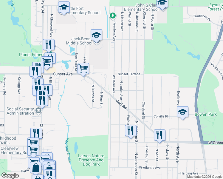 map of restaurants, bars, coffee shops, grocery stores, and more near 1201 Golf Road in Waukegan