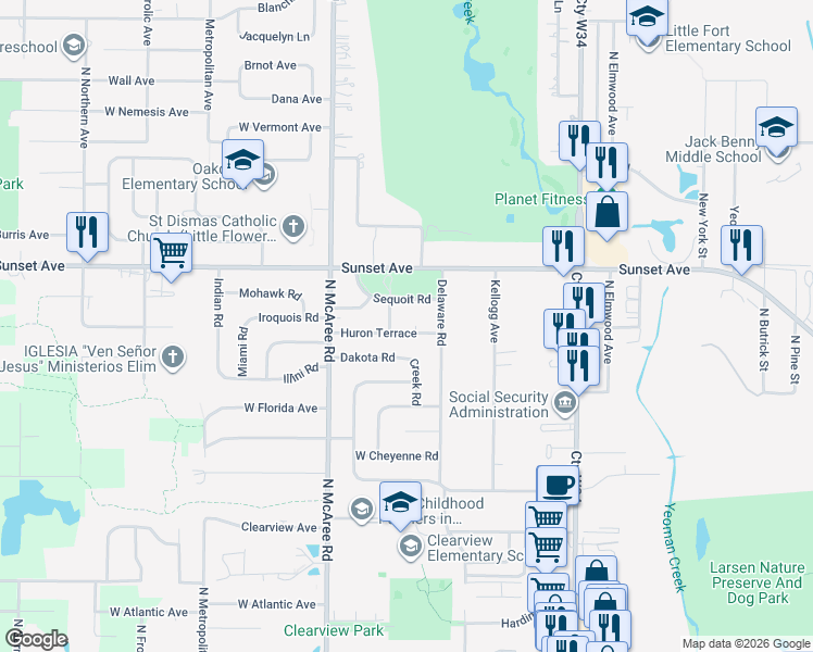 map of restaurants, bars, coffee shops, grocery stores, and more near 2351 Huron Road in Waukegan