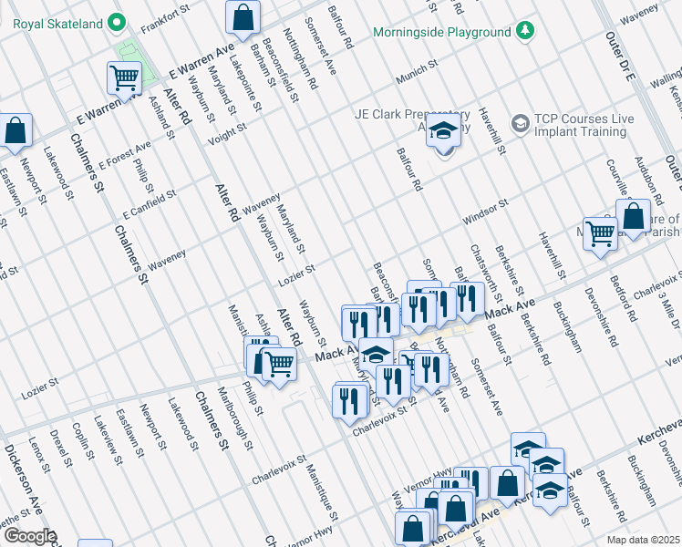 map of restaurants, bars, coffee shops, grocery stores, and more near 3694 Lakepointe Street in Detroit