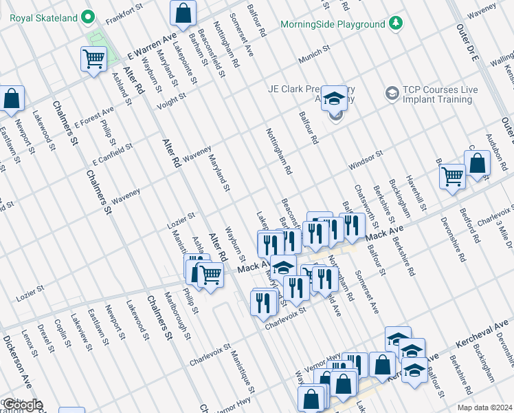map of restaurants, bars, coffee shops, grocery stores, and more near 3694 Lakepointe Street in Detroit