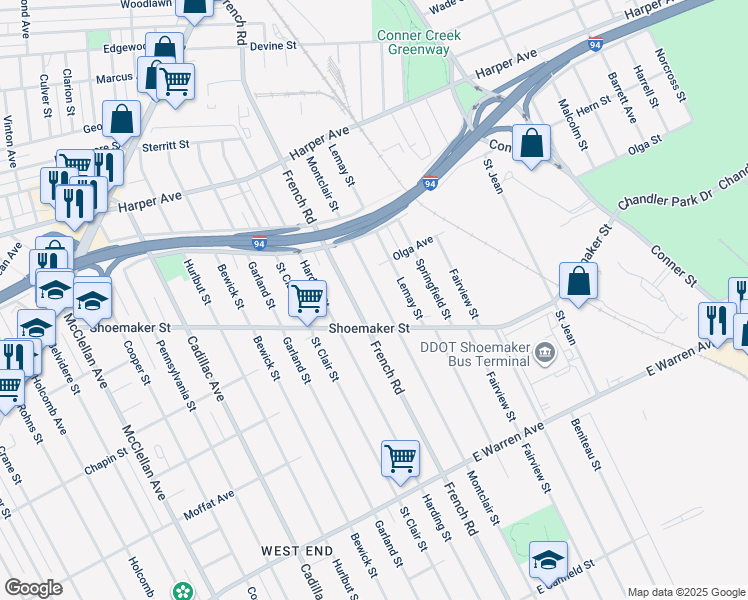 map of restaurants, bars, coffee shops, grocery stores, and more near 5573 Montclair Street in Detroit